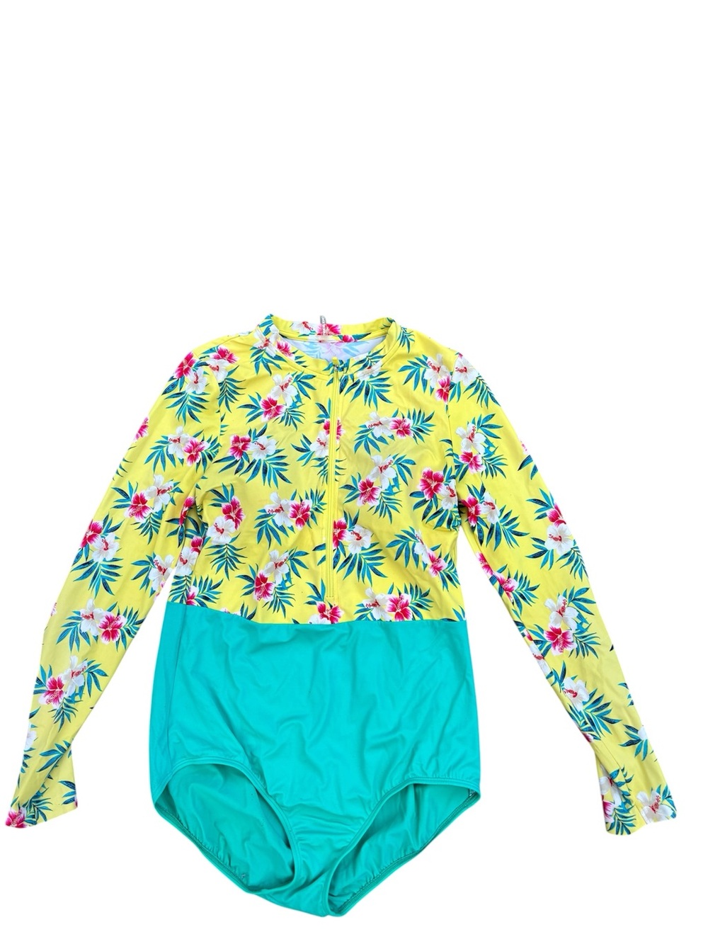 Women's Floral & Teal Long Sleeve Rash Guard Swimsuit. Lands end.